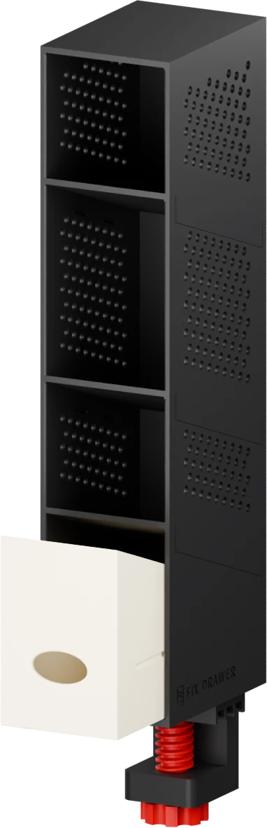 적층된 필기구 수납칸과 하단 서랍이 보이는 Fix Drawer 실제 제품 렌더